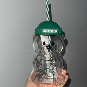 Authentic Starbucks Clear Bear Tumbler with Green Lid and Straw